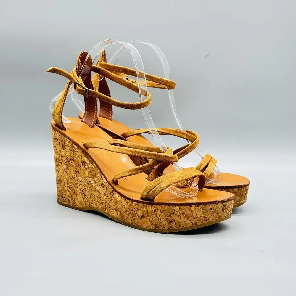 K Jacques Sandals Womens 8 Brown Suede Saint Tropez Cork Platform Wedge Shoes